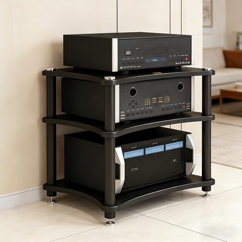 Heavy Duty 3-Tier AV Media Stand, 264 lb Load Capacity, Black | anti-vibration feet that help reduce resonance for clearer sound, open ventilation, cable management, Built for Hi-Fi systems - color: Black, size: 3 Tier
