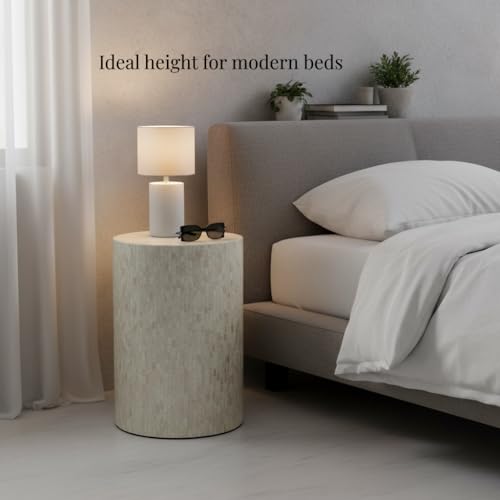PEMAR Mother of Pearl Cylinder Drum End Table Nacre Side Stool Round Accent Table Coffee Bedside Nightstand and Vanity Stool 13" Diameter x 19.3" High Pearl White & Cream - color: Pearl White