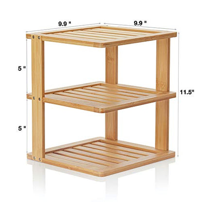 Bamboo Corner Shelf - 3 Tier 10 x 10 inch and 11.5 inches high. Kitchen Cabinet Organizer - Pantry Organization and Storage - Bathroom Countertop Shelves