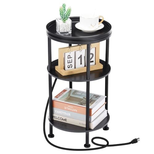 Small Round Side Table with Charging Station, Black | 3-Tier Accent Table with USB Ports & Power Outlets, Sofa Corner Tea Table for Living Room Nightstand Bedroom Apartment - color: Black, style: USB Charger