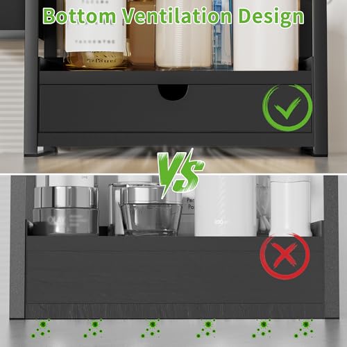 2-Tier Bathroom Counter Organizer, Wooden Vanity Shelf with Drawer & Basket | Pre-Drilled Holes, Skincare & Makeup Countertop Organizer and storage, Black - color: Black