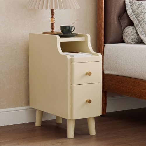 Nightstand, Pre-Assembled, 19.7“H Solid Wood Narrow Night Stand with 2 Drawers, Open Sliding Shelf, Mid Century Modern Small Bedside Table for Bedroom, Cream 8" - color: Cream, size: 8"