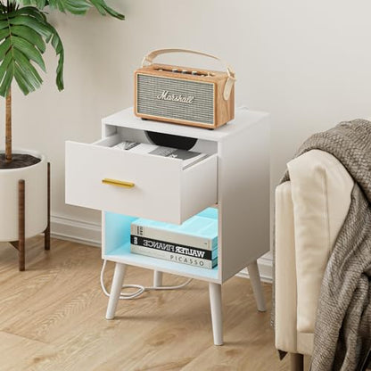 Aienvey Nightstand with Charging Station and LED Lights, White | Small Side Table, Bedside Table with Drawer, Modern Night Stand with Light/Power Strip, End Table for Bedroom, Living Room - color: White