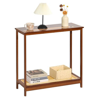 Bamboo Narrow Console Table, 31.5"(L) Wood Small Entryway Table with Rattan and Glass, Accent Slim Hallway Tables, Thin Sofa Side Tables for Hallway, Living Room, Bedroom, Foyer, Walnut - color: Walnut 31.5"(l)