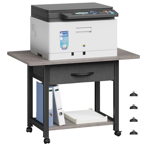 YAOHUOO 22"x15" Large Printer Stand with Drawer, 2-Tier Rolling Table Cart | Under Desk Printer Table,Storage Fabric Drawer,Fit printer/fax/3d/scanner,4 Lock Wheels or Feet,For Home Office Dorms,Gray - color: Gray, size: 2-Tier