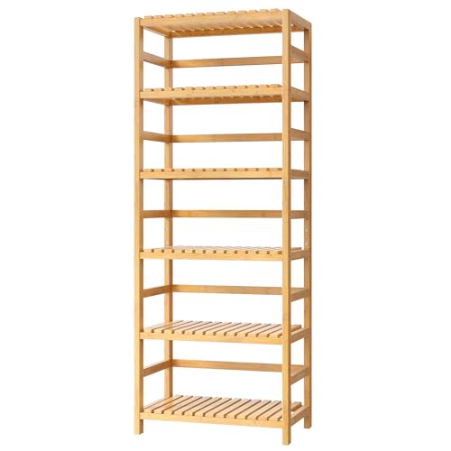 FOTOSOK 6-Tier Bamboo Shelf with Adjustable Shelves, Bamboo Kitchen Cabinet | Tall Bamboo Bookshelf and Plant Shelf with 250-lb Shelf Capacity for Laundry Bathroom Kitchen Pantry Home Office - color: Natural
