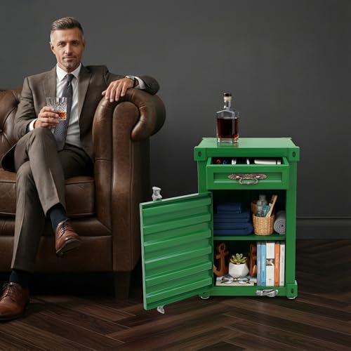Industrial Metal Container Side Table, 3-Tier End Tables with Drawers, Bedside Table, Container Style Locker Wrought, Retro Style Metal Container Cabinet for Bar/Bedroom/Garage (Green) - color: Green