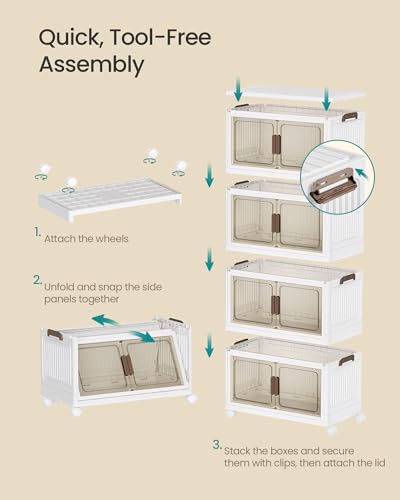 SONGMICS 58QT Plastic Storage Bins with 1 Lid, 4-Tier Stackable Bins with Doors and Wheels, Foldable Storage Boxes, for Closets, Bedroom, Living Room, Office, White URLB460WZ01 - size: 4 x 58QT