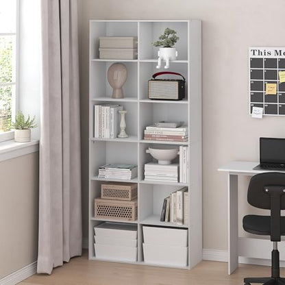 Furinno Basic Book Shelf, 12-Cube Bookshelf, Open Shelf Bookcase, Cube Storage Organizer, 12 x 32 x 71, for Living Room, Home Office, Plain White