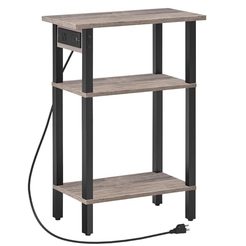 HOOBRO Narrow Side Table, 3-Tier Slim End Table with Charging Station, Skinny Nightstand with Open Storage, for Small Spaces, Living Room, Bedroom, Study, Rustic Brown and Black BG340UBZ01 - color: Greige + Black, size: 7.9"L x 15.7"W x 26"H