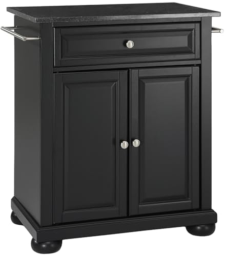 Crosley Furniture Alexandria Granite Top Small Portable Rolling Kitchen Island Storage Cart, Microwave Stand, Black - color: Black, style: Solid Black Granite Top