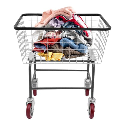 Wire Laundry Cart, Commercial Laundry Basket Cart with Wheels, 26.77"D x 21.5"W x 26"H Heavy Duty Steel Wire Hamper for Clothes Storage, Steel Frame with Galvanized, 4" Casters