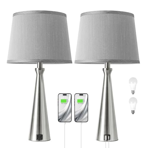 Seealle Modern Table Lamps Set of 2 - Touch Bedside Lamp for Nightstand with Dual USB C+A,3-Way Dimmable Silver Nightstand Lamps for Living Room Bedroom End Table with Grey Shade(Bulb Included) - color: B. Silver-Grey