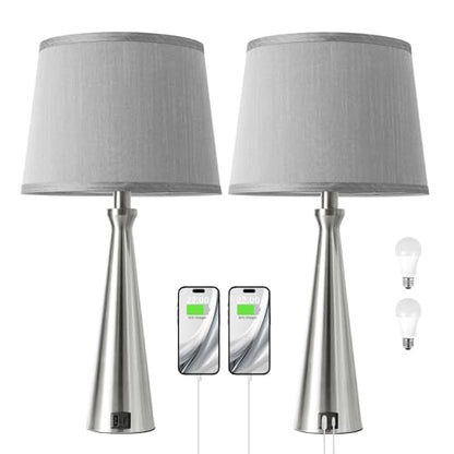 Seealle Modern Table Lamps Set of 2 - Touch Bedside Lamp for Nightstand with Dual USB C+A,3-Way Dimmable Silver Nightstand Lamps for Living Room Bedroom End Table with Grey Shade(Bulb Included) - color: B. Silver-Grey
