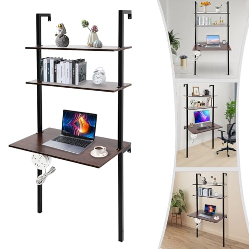 2-Shelf Industrial Wall Mount Ladder，Wall Mount Computer or Writing Desk, Computer Laptop Desk with Shelves，Floating Desk with Storage, Wall Table for Home Office, Black (20" Dx30 Wx72.5 H) - color: Black/ Brown (30"w)