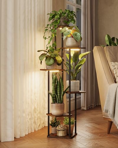 GENTINGBRO Corner Plant Stand Indoor 6 tiered plant shelf for Multiple Plants tall plant holder plant table metal shelving for Living Room Bedroom Balcony Patio Brown Oak with Light - color: Brown Oak, size: 6 Tier Plus