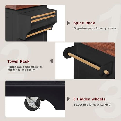 53.2" Rolling Kitchen Island with Storage, 3.5" Thick Countertop, Spice Rack, Towel Rack, Drawer & Cabinet - Mobile Kitchen Cart on Wheels for Kitchen, Dining Room, Black - color: Black