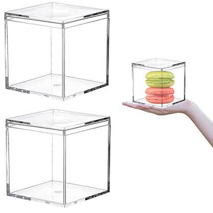 KissYou Acrylic Box with Lid 2 Packs Clear Display Boxes Stackable Storage Bins Plastic Square Cube for Cookie Candy Birthday Party - size: 3.35 x 3.35 x 3.35 Inch