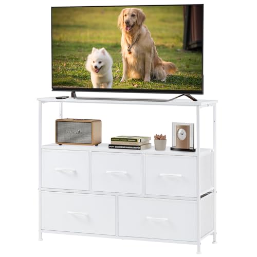 DUMOS TV Stand, Dresser with 5 Fabric Storage Drawers, Media Console Featuring Open Shelf for TV, Compact Entertainment Unit for Bedroom, Living Space, or Dorm Organization, White - color: White, size: 39.4"D x 11.8"W x 31.5"H (5 Drawers)