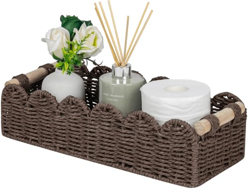 CubesLand Scalloped Toilet Paper Storage Basket W/Handle for Home Decor | Paper Rope Toilet Organizer Basket for Countertop, Over Toilet Shelf, End Table, Living Room Cozy Decorative & More, Brown - color: Brown, size: m - 14 X 6.3 X 3.9in