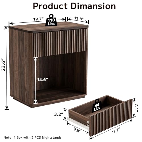 Modern Fluted Nightstand Set of 2 for Bedroom, Mid Century Bedside Table with Drawer & Open Shelf, Wood End Table, Farmhouse Night Stand for Home, Hallway, Office, Walnut - color: Walnut