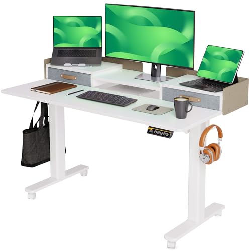 Claiks Standing Desk with Drawers, Stand Up Electric Standing Desk Adjustable Height with Storage Shelf and Splice Board, 55 Inch, White - color: White, size: 55.1×23.6