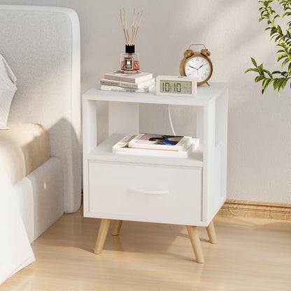 Huhote Kids Nightstand, 2-Tier Night Stand with Charging Station and Drawer, Modern Side Table for Bedroom, Study Room, Small Spaces, White - color: White, size: 2-Tier with Charging