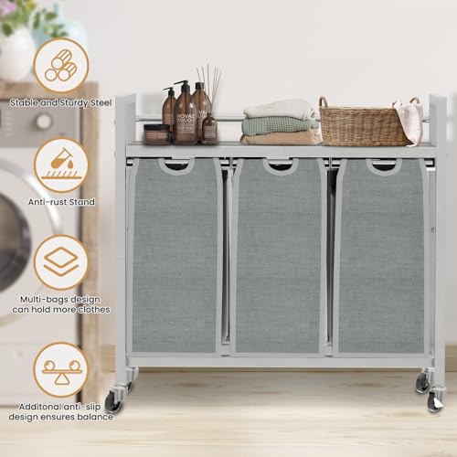 SwaaVee Laundry Sorter, Laundry Hamper 3 Section, 3×11.4Gal, Metal Frame Rolling Laundry Basket with Wooden Top Shelf, Pull out and Removable Laundry Bags, 3 Bags-Gray - color: Grey