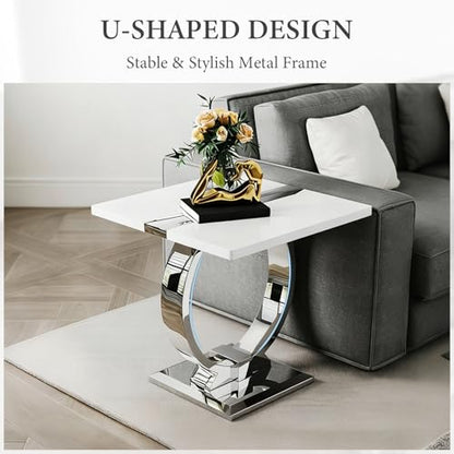 Asday 23.6" White and Silver End Table, Modern Side Table with Glossy Wooden Top and Stainless Steel U-Shaped Base, Accent Table for Living Room, Bedroom, Lounge - color: White and Silver, size: Set of 1