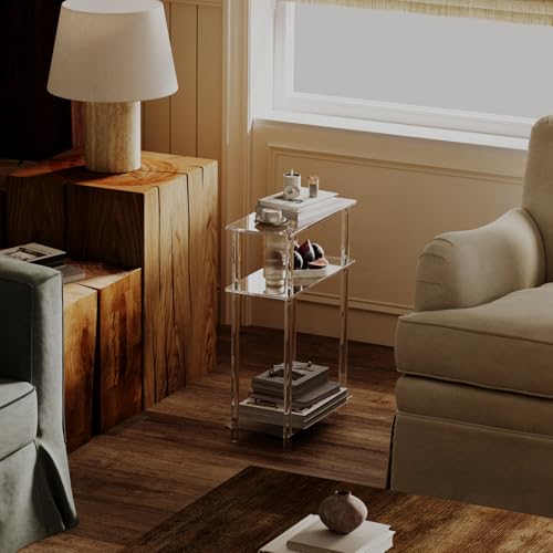 HMYHUM Acrylic Narrow Side Table for Small Spaces, 7" Wide Skinny Nightstand/Bedside Table for Bedroom, Slim Small End Table, 3 Tier, 15.7" L x 22.9" H, Clear