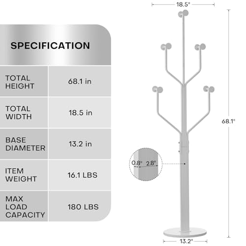Coat Rack Freestanding Metal Coat Tree with 10 Hooks, White | Heavy Duty Standing Coat Rack, Stainless Steel Marble Base, Coat Hanger Stand for Bedroom Entryway Hallway, Hat, Bags - color: White