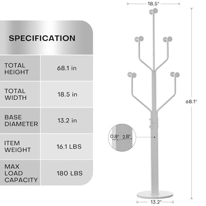 Coat Rack Freestanding Metal Coat Tree with 10 Hooks, White | Heavy Duty Standing Coat Rack, Stainless Steel Marble Base, Coat Hanger Stand for Bedroom Entryway Hallway, Hat, Bags - color: White