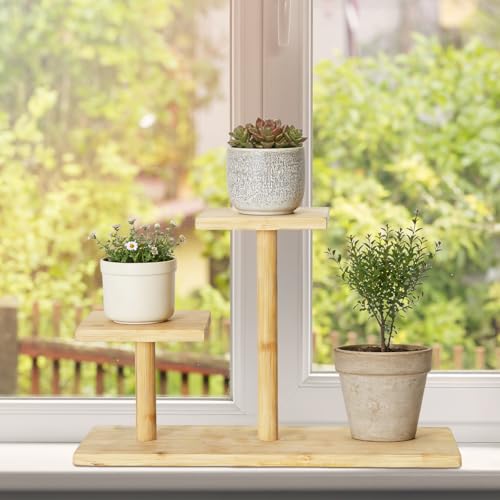 Desktop Plant Stand Indoor Bamboo Mini 3 Tiered Windowsill Shelf Desk Tabletop Shelf Holder Desk Organizer Display Rack for Outdoor Garden Balcony Patio