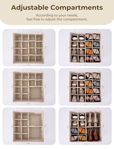 StorageWorks Shoe Organizer for Closet, Fits up to 16 Pairs, Shoe Cubby Storage Containers with Adjustable Dividers and Clear Cover, Khaki and Beige Stripes | Adjustable Dividers, Holds up to 16 Pairs, Foldable, Clear Lid, Soft Handles, Fits Sneakers, San