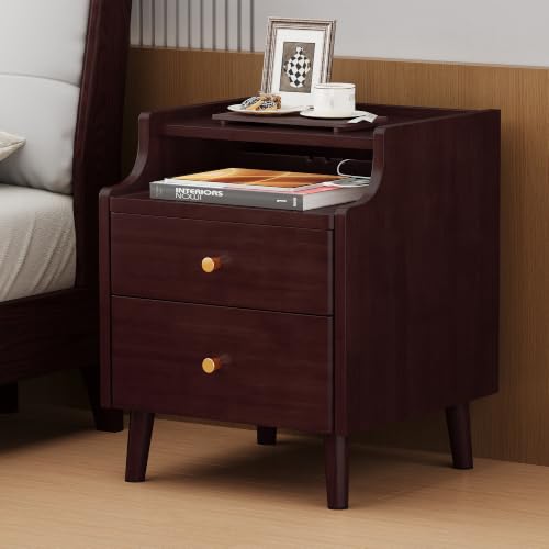 15.7" Solid Wood Nightstand with Drawers & Tray,Black Walnut | Perfect for small spaces, this slim bedside table features a pull-out tray, cable routing, and minimal easy assembly - color: Black Walnut, size: 16"