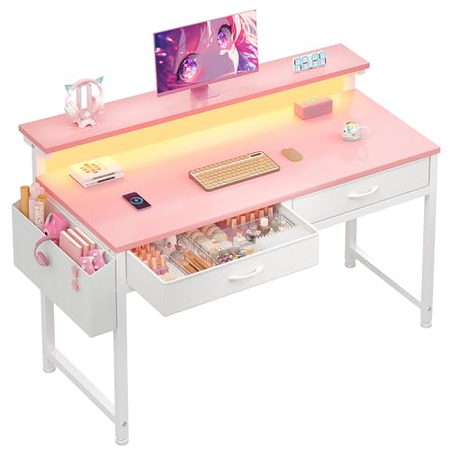 DurayLoly 39.4Inch Office Computer Desk with LED Lights & 2 Fabric Drawers, Gaming Desk with Side Pocket & Ergonomic Monitor Stand, Small Space Study Writing Table with Anti-Tip Design,Pink - color: Pink, size: 39.4 Inch