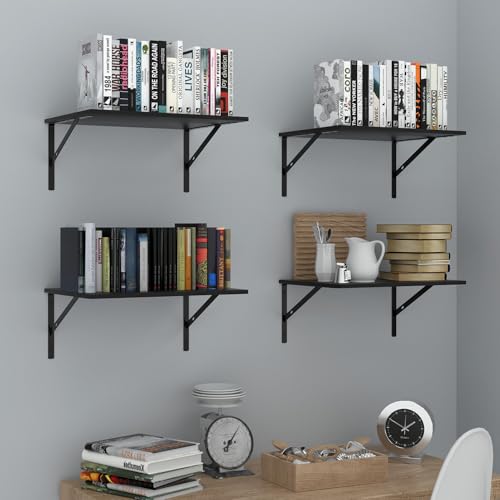 Deep Floating Wall Shelves - 4 Sets of 12 Inch Wide Black Wood Shelves for Bathroom, Bedroom, Kitchen, Living Room - color: Black Shelves