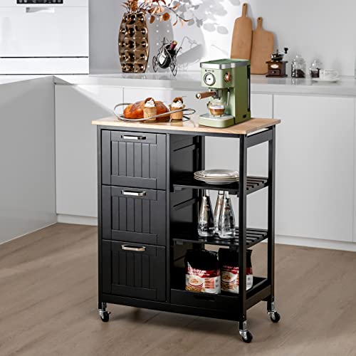 Giantex Kitchen Island Cart with Storage, Bar Serving Cart on Wheels with 3 Deep Drawers, Open Shelves & Removable Tray, Rolling Kitchen Trolley Cart for Home Kitchen, Dining Room, Bar - color: Black