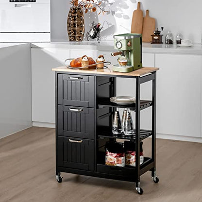 Giantex Kitchen Island Cart with Storage, Bar Serving Cart on Wheels with 3 Deep Drawers, Open Shelves & Removable Tray, Rolling Kitchen Trolley Cart for Home Kitchen, Dining Room, Bar - color: Black