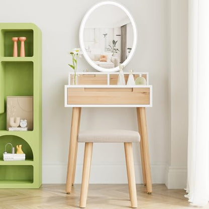 YOURLITE Small Makeup Vanity Desk with Lights, Compact Vanity Desk with Adjustable Brightness Mirror for Small Spaces, Dressing Table with Drawers and Storage Shelves - size: 24", style: Oval Mirror Wooden with shelf