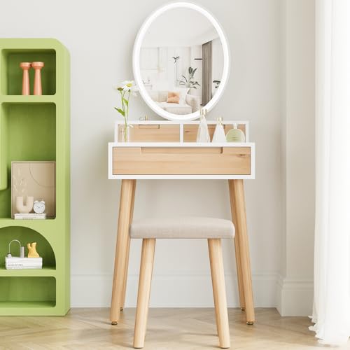 YOURLITE Small Makeup Vanity Desk with Lights, Compact Vanity Desk with Adjustable Brightness Mirror for Small Spaces, Dressing Table with Drawers and Storage Shelves - size: 24", style: Oval Mirror Wooden with shelf