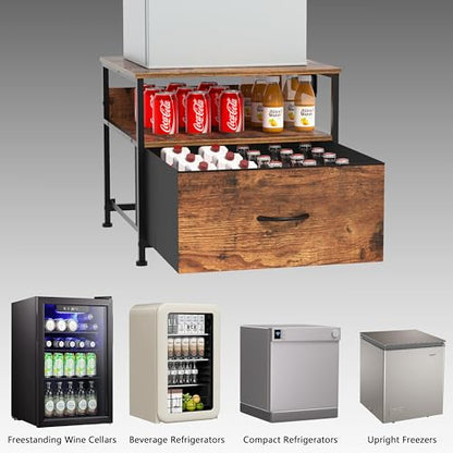 Unionly Mini Fridge Stand with drawer Storage,shelf & Power Outlet | 180lb Mini Fridge Table with Charging Station,Heavy duty small refrigerator shelf,white end table for Living Room,Kitchen - color: Brown