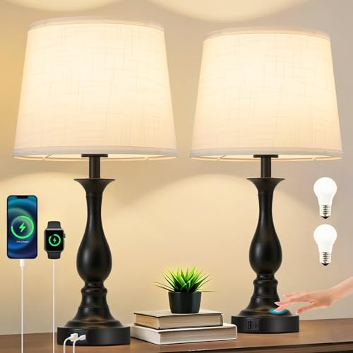 Bedside Table Lamp Touch Control Bedroom Lamps with USB A + C Charging Port 3 Way Dimmable Touch Lamps for Nightstand Living Room Bedroom Dorm Home Office Reading, Set of 2 (White Shade & Black Base) - color: White Shade & Black Base