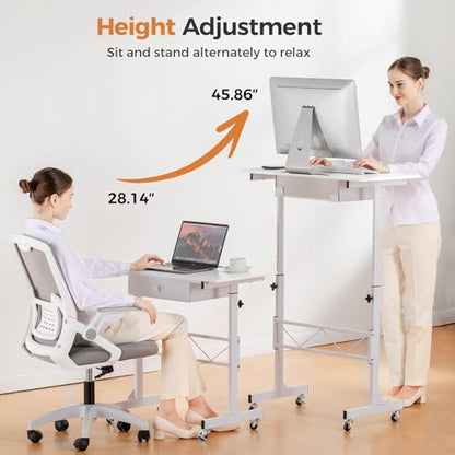 COMHOMA Small Standing Desk Adjustable Height Small Computer Desk Mobile Portable Rolling Laptop Table with Wheels 32" Computer Workstation Sit Stand Desks Portable Standing Table Treadmill desks - color: Cf-white