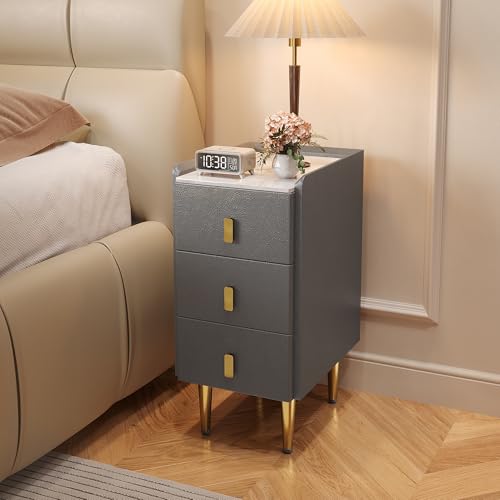 STARSAGA Narrow Nightstand with Drawers, 11.81" Narrow Bedside Table for Bedroom, Solid Wood Narrow Night Stand with Sintered Stone Top & Leather Surface, Slim Nightstand for Small Spaces, Gray - color: Grey, size: 15.7''×11.8''×24.5''