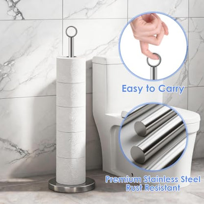 TACGEA Toilet Paper Holder Stand(with Reserve Function), Free-Standing Spare Rolls Storage Holder, Stainless Steel - color: Silver (With Top Ring)