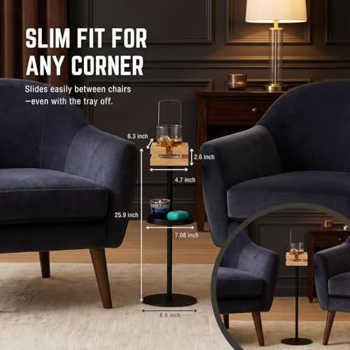 Drink Table for Small Spaces - Slim Pedestal Side Table with Real Wood Top & Stable Base for Coffee & Cocktails - Ideal for Tight Living Room & Bedroom Spaces (Walnut) - color: Natural