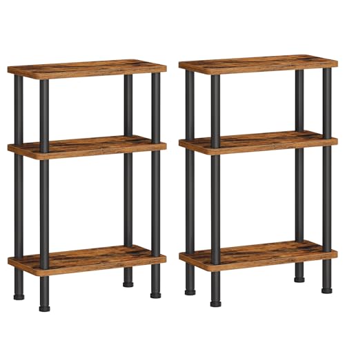 HOOBRO Narrow Side Table Set of 2, 3-Tier Slim End Table No Tools Needed, Twist-On Assembly, Skinny Nightstand Sofa Storage Shelf for Living Room, Bedroom, Study, Rustic Brown and Black BF246BZP201 - color: Rustic Brown + Black
