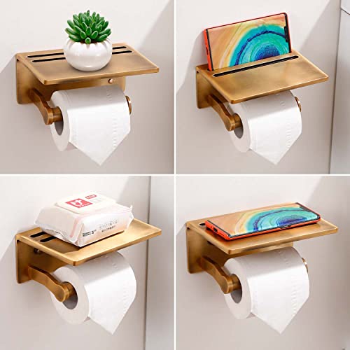 Toilet Paper Holder with Shelf, Aluminum Tissue Roll Dispenser with Mobile Phone Storage Shelf for Bathroom, 3M Self Adhesiv or Wall-Mounted with Screws, Antique Brass - color: Brass Antique