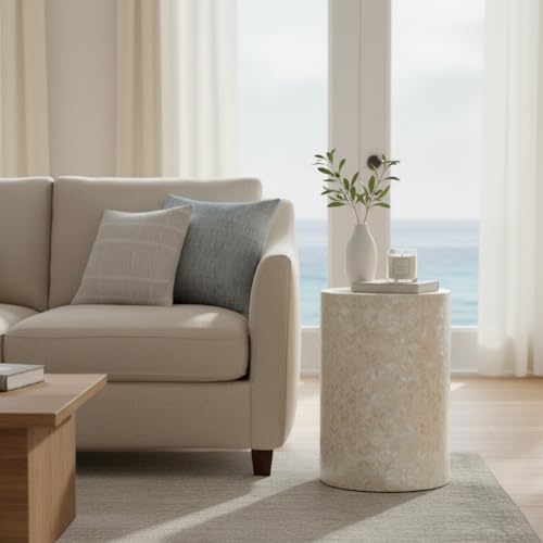 PEMAR Capiz Shell Cylinder Drum End Table Nacre Side Table Stool Round Drum Accent Coffee Bedside Nightstand and Vanity Stool, 13" Diameter x 19.3" High, White Cream - color: White Cream